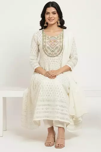White dupion silk embroidered kurta sets
