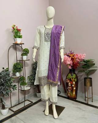 White viscose rayon embroidered kurta sets 4