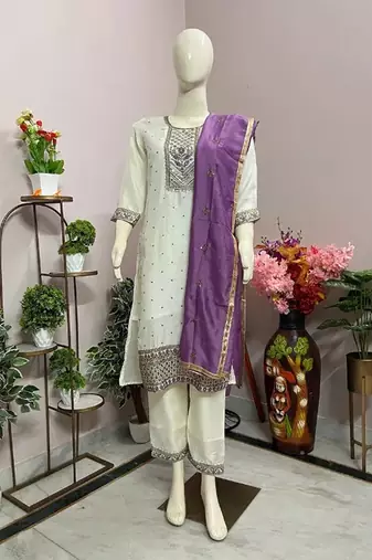 White viscose rayon embroidered kurta sets