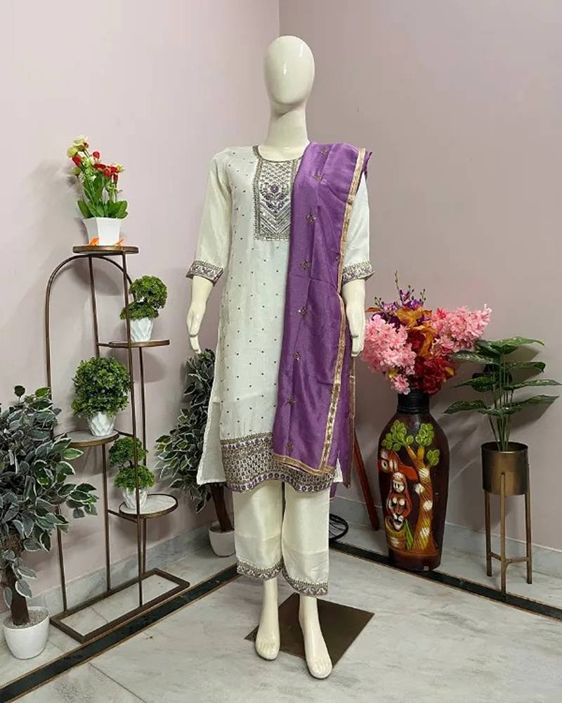 White viscose rayon embroidered kurta sets