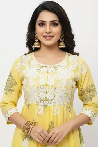 Yellow cotton embroidered kurta sets