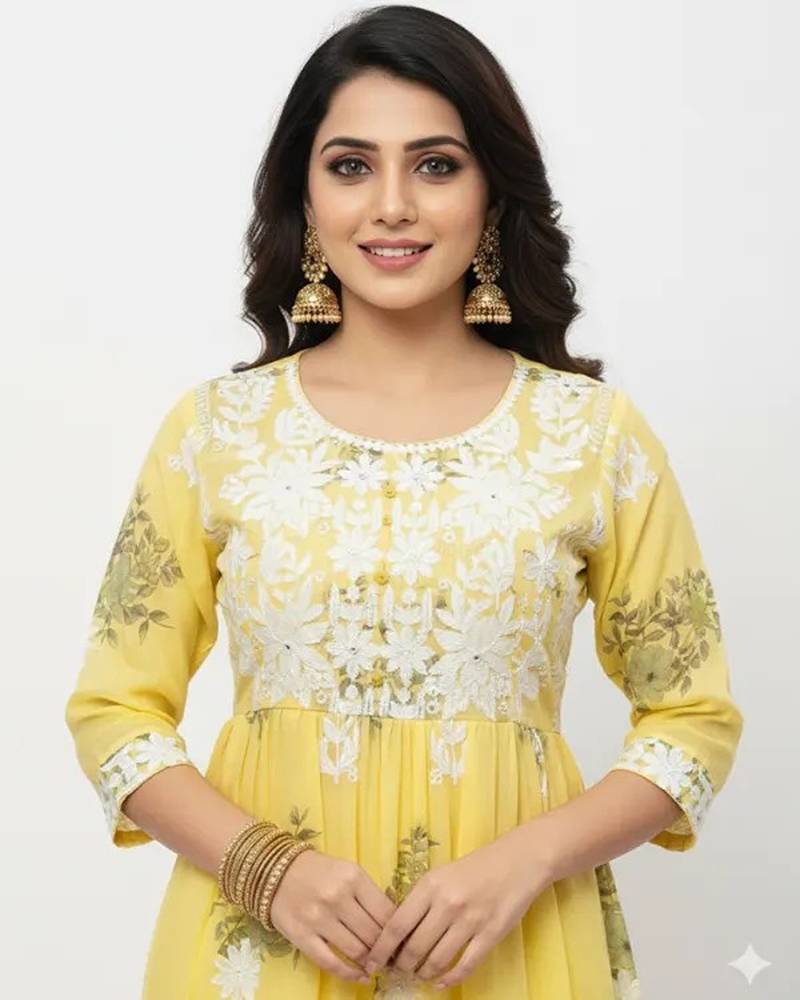 Yellow cotton embroidered kurta sets
