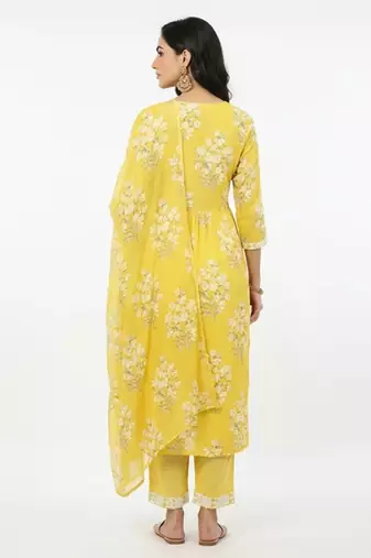 Yellow cotton embroidered kurta sets