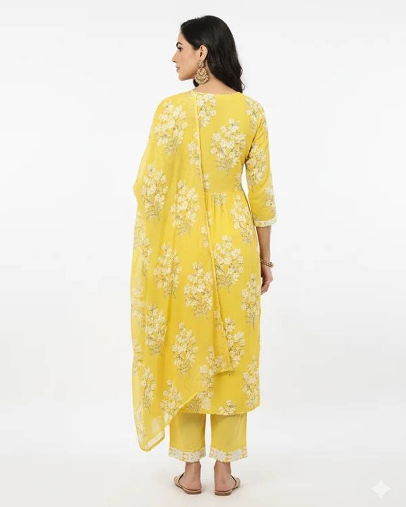 Yellow cotton embroidered kurta sets