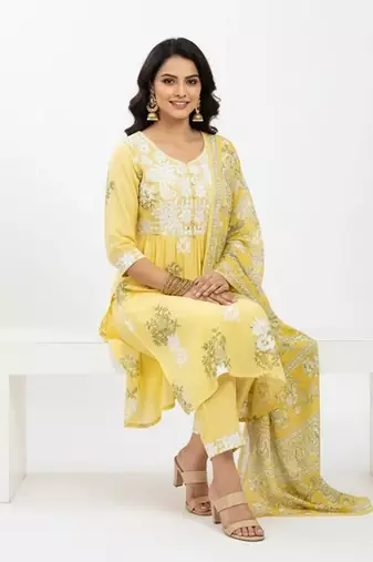 Yellow cotton embroidered kurta sets