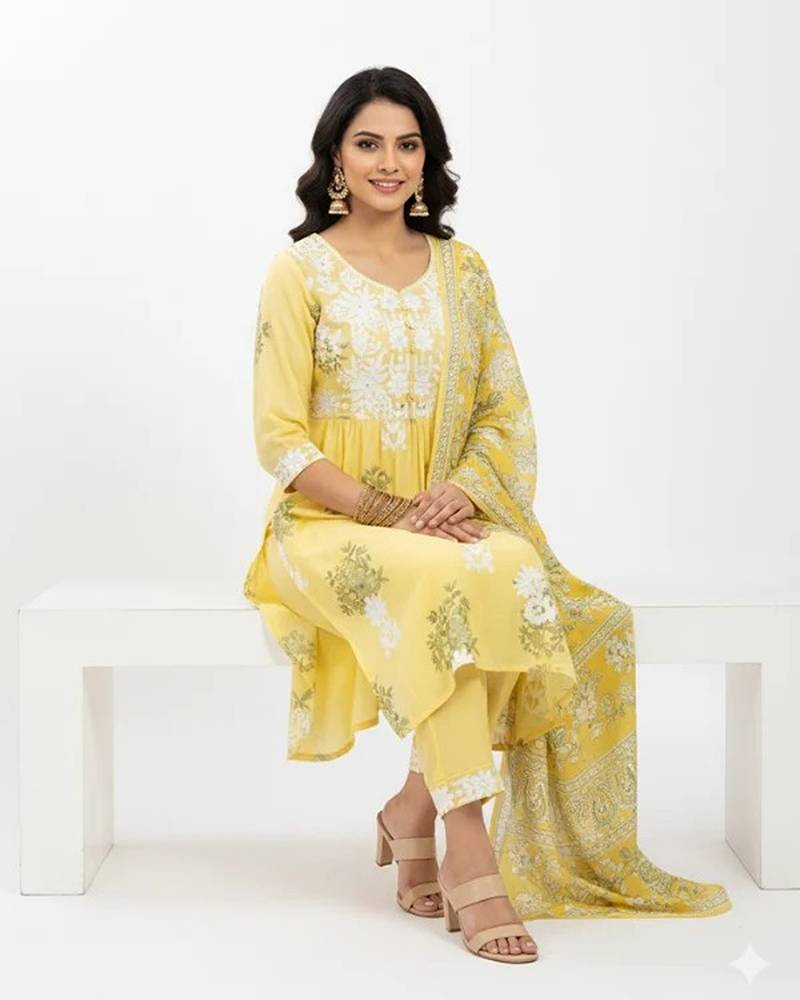 Yellow cotton embroidered kurta sets
