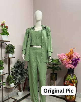 Green blended cotton plain trendy co ord set 2