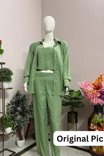Green blended cotton plain trendy co ord set