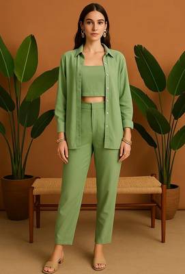 Green blended cotton plain trendy co ord set 1