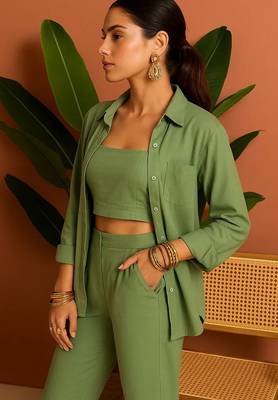 Green blended cotton plain trendy co ord set 4