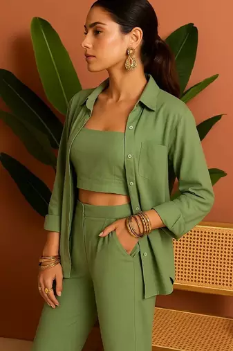 Green blended cotton plain trendy co ord set