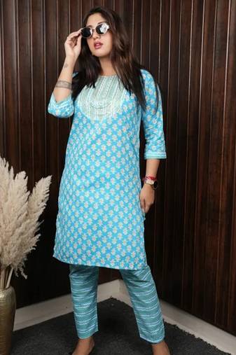 Sky blue blended cotton printed daily wear co ord set