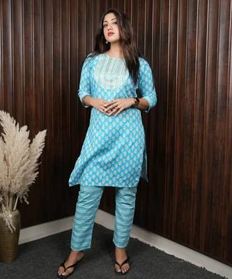 Sky blue blended cotton printed daily wear co ord set 3