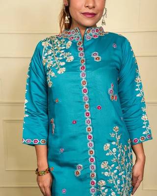 Teal silk blend printed designer coord set 1