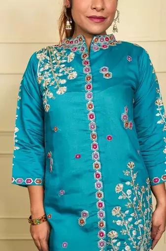 Teal silk blend printed designer coord set