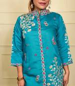 Teal silk blend printed designer coord set