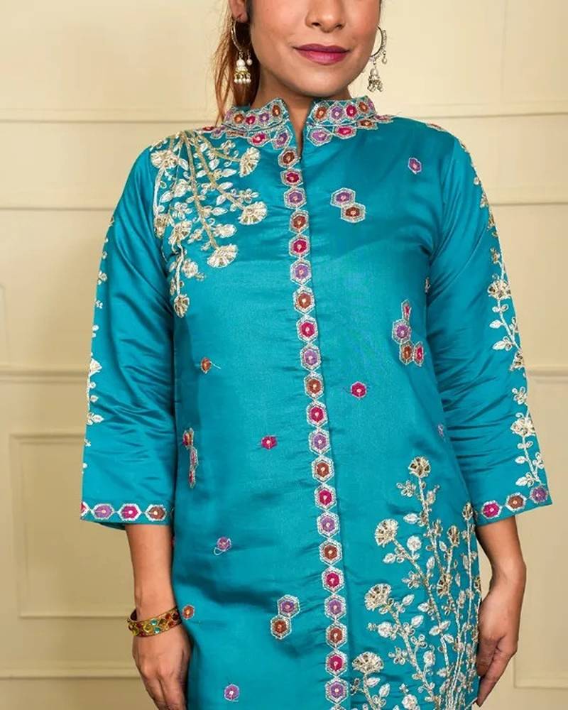 Teal silk blend printed designer coord set