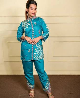 Teal silk blend printed designer coord set 2