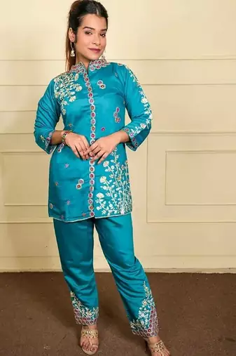 Teal silk blend printed designer coord set