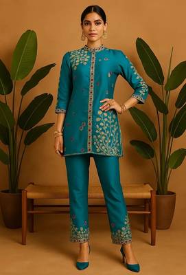 Teal silk blend printed designer coord set 3