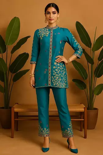 Teal silk blend printed designer coord set
