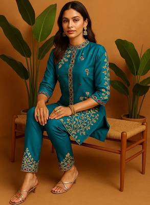 Teal silk blend printed designer coord set 4