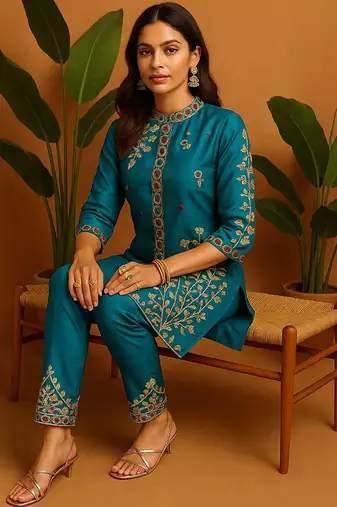 Teal silk blend printed designer coord set
