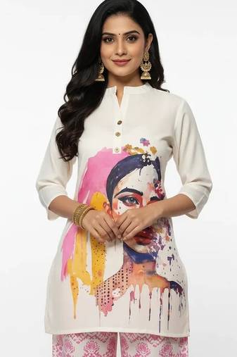 White blended cotton printed trending co ord set