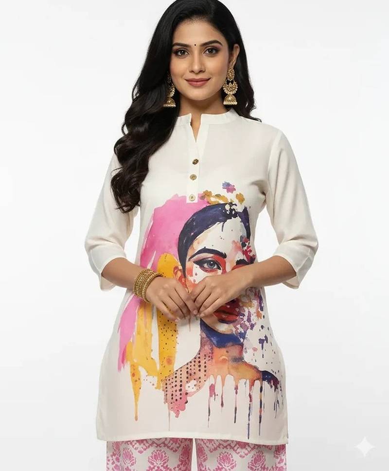 White blended cotton printed trending co ord set