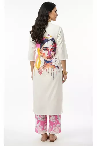 White blended cotton printed trending co ord set