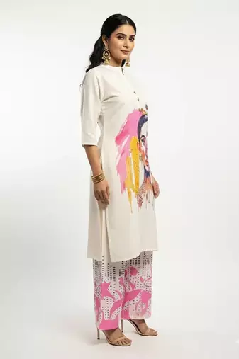 White blended cotton printed trending co ord set