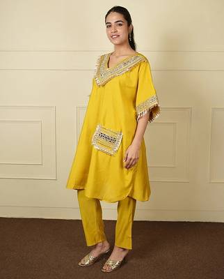Yellow silk blend plain loosekaftanpantcoord set 2
