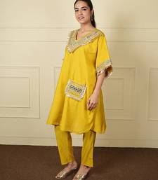 Yellow silk blend plain loosekaftanpantcoord set