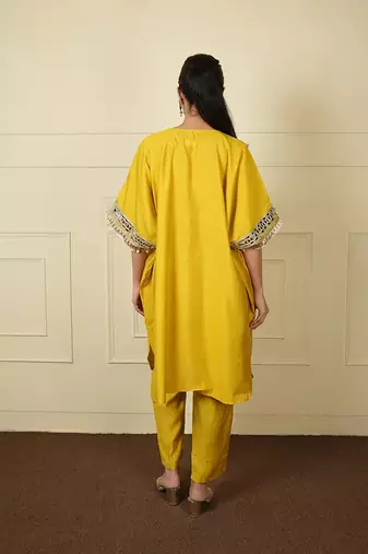 Yellow silk blend plain loosekaftanpantcoord set