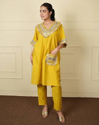 Yellow silk blend plain loosekaftanpantcoord set 1