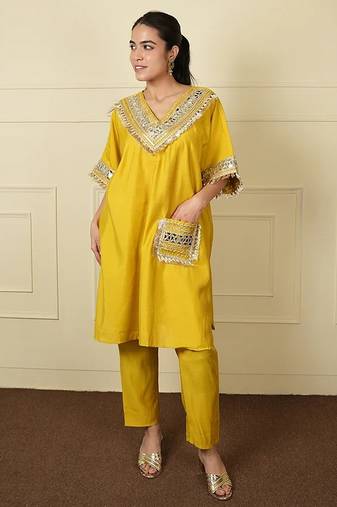 Yellow silk blend plain loosekaftanpantcoord set
