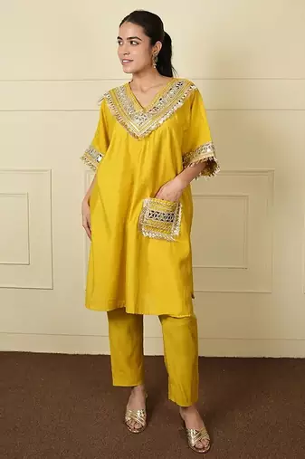 Yellow silk blend plain loosekaftanpantcoord set