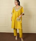 Yellow silk blend plain loosekaftanpantcoord set