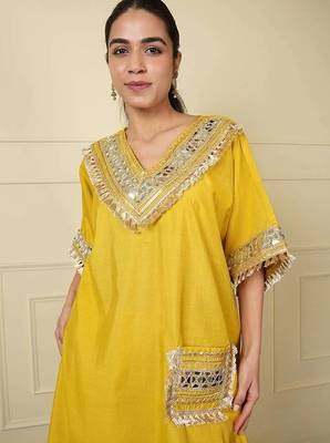 Yellow silk blend plain loosekaftanpantcoord set 4