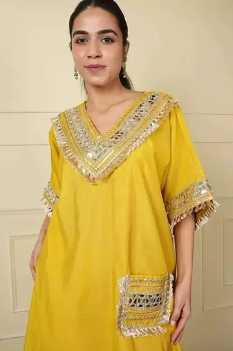 Yellow silk blend plain loosekaftanpantcoord set