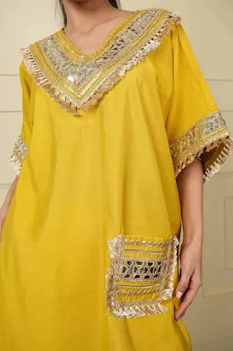 Yellow silk blend plain loosekaftanpantcoord set