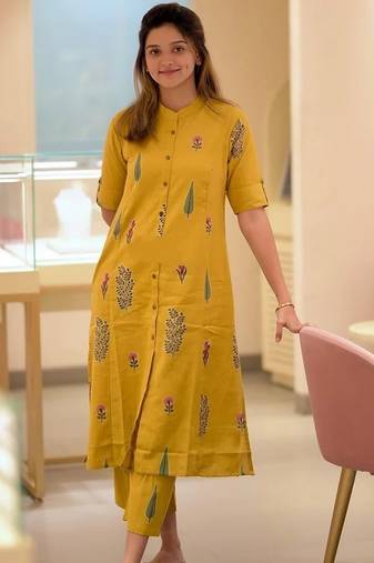 Yellow cotton printed a line co.ord set