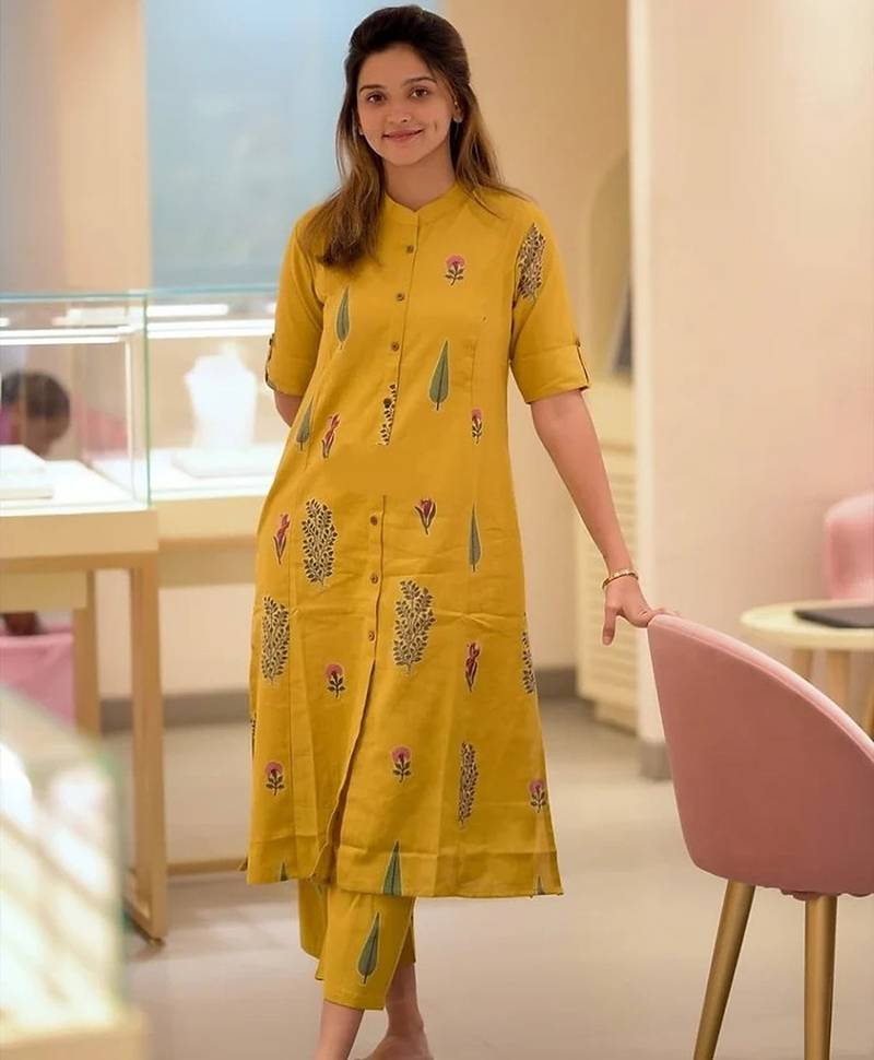 Yellow cotton printed a line co.ord set