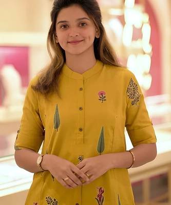 Yellow cotton printed a line co.ord set 3