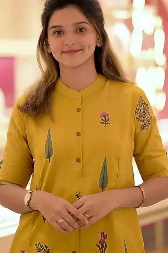 Yellow cotton printed a line co.ord set
