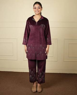 Wine velvet printed velvet long jacket set 1