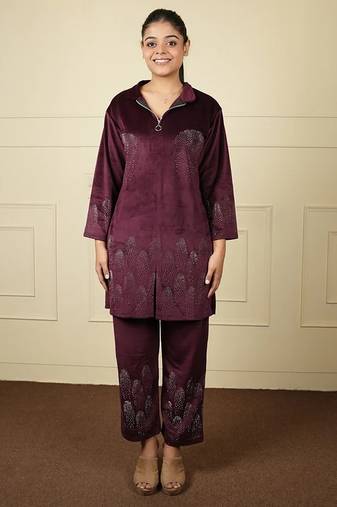 Wine velvet printed velvet long jacket set