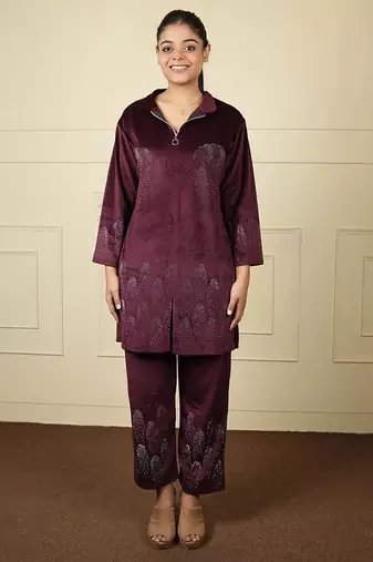 Wine velvet printed velvet long jacket set