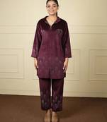 Wine velvet printed velvet long jacket set