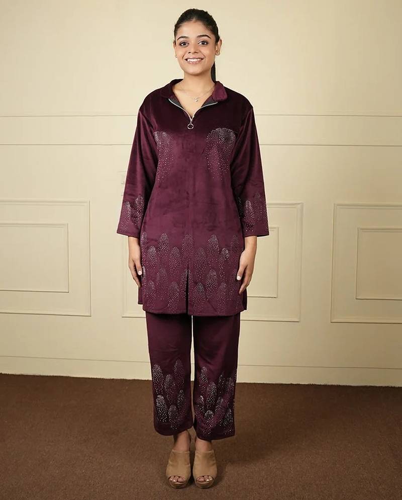 Wine velvet printed velvet long jacket set